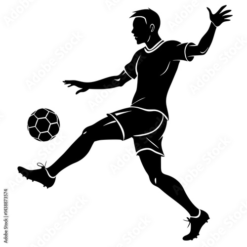 A dynamic black silhouette of a soccer player kicking a soccer ball with power and precision, capturing the energy and movement of the sport 