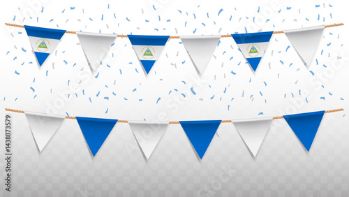 Vector illustration of the country flag of Nicaragua with confetti on transparent background. hanging triangular flag for Independence Day celebration.