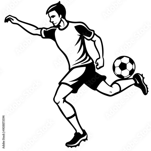 A dynamic black silhouette of a soccer player kicking a soccer ball with power and precision, capturing the energy and movement of the sport 