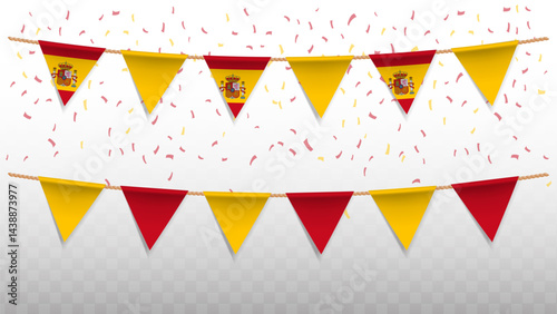 Vector illustration of the country flag of Spanish with confetti on transparent background. hanging triangular flag for Independence Day celebration.