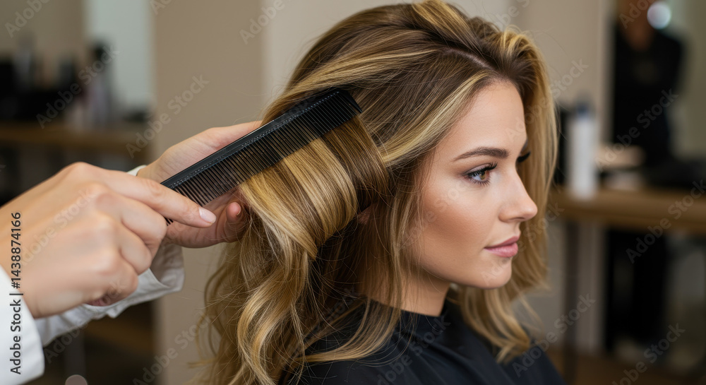 Fototapeta premium Blonde Highlights & Comb: Stunning Hair Transformation at the Salon - Style, Beauty, and Confidence!