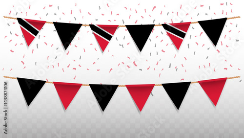 Vector illustration of the country flag of Trinidad and Tobago with confetti on transparent background. hanging triangular flag for Independence Day celebration.