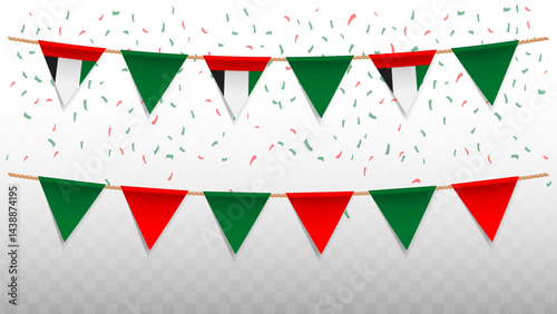 Vector illustration of the country flag of United Arab Emirates with confetti on transparent background. hanging triangular flag for Independence Day celebration.