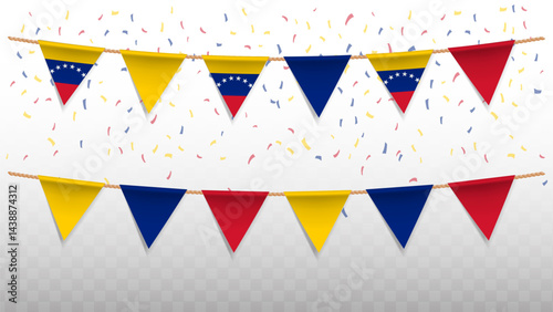 Vector illustration of the country flag of Venezuela with confetti on transparent background. hanging triangular flag for Independence Day celebration.