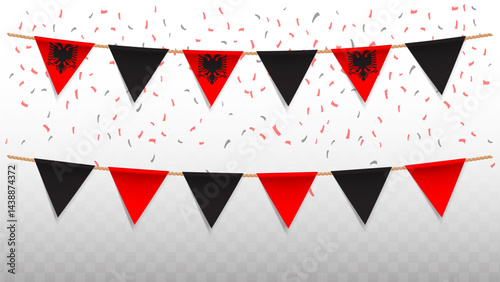 Vector illustration of the country flag of Albania with confetti on transparent background. hanging triangular flag for Independence Day celebration.