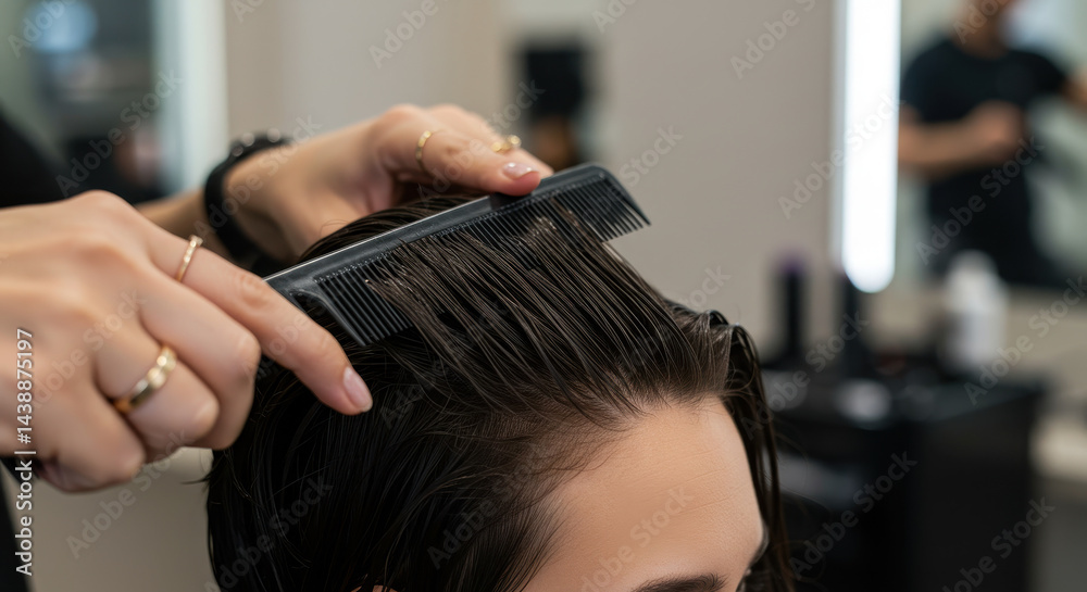 Fototapeta premium Haircut Prep: Close-up of Hairstylist Combing Wet Hair for Perfect Style. Salon Ready!