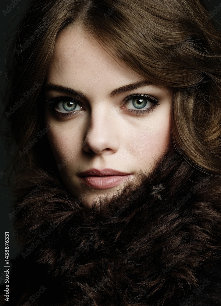 Close-up portrait of a person with blue eyes and a dark brown fur collar Close-up portrait of a person with blue eyes and a dark brown fur collar