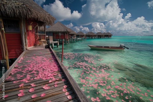 Tropical overwater bungalows with pink petals
