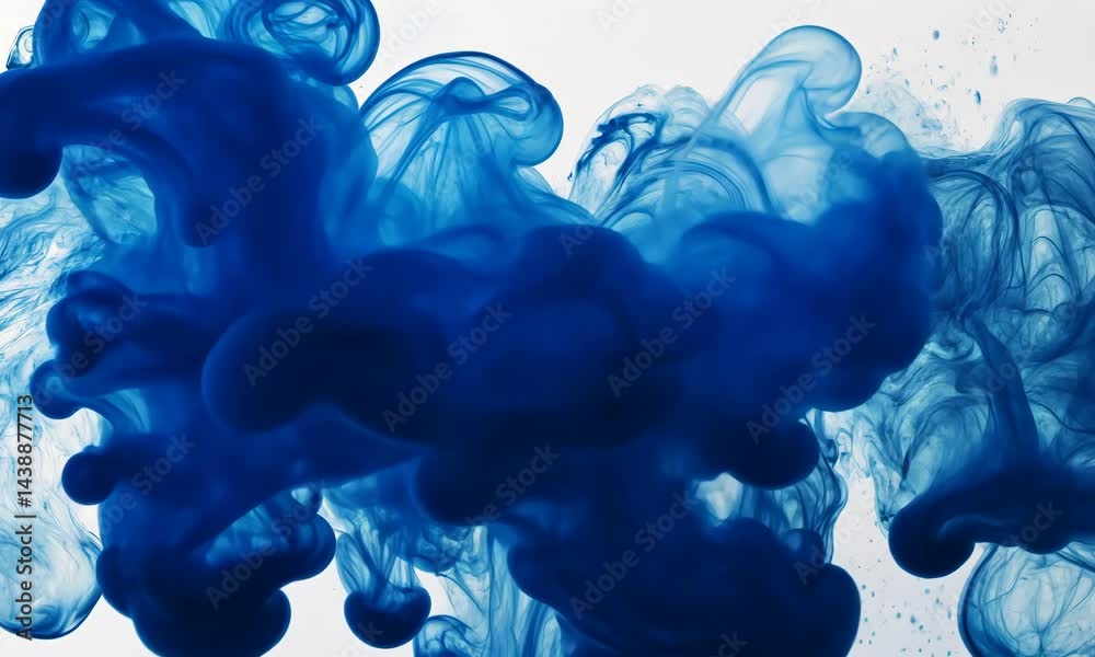 Dynamic blue ink flow and swirling patterns on white background captured in high resolution sequence