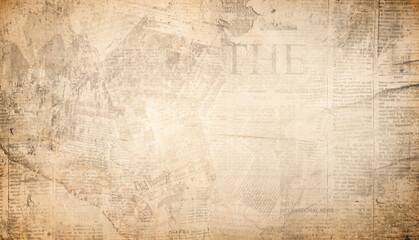 Old newspaper background, brown grunge news print texture, vintage wallpaper pattern, vintage poster design . Old crumpled grunge newspaper paper texture background. Blurred vintage 