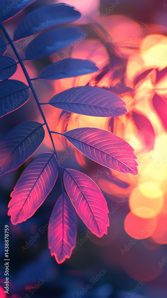 Sunset leaves, nature, bokeh background, vibrant colors, calming nature scene Sunset leaves, nature, bokeh background, vibrant colors, calming nature scene