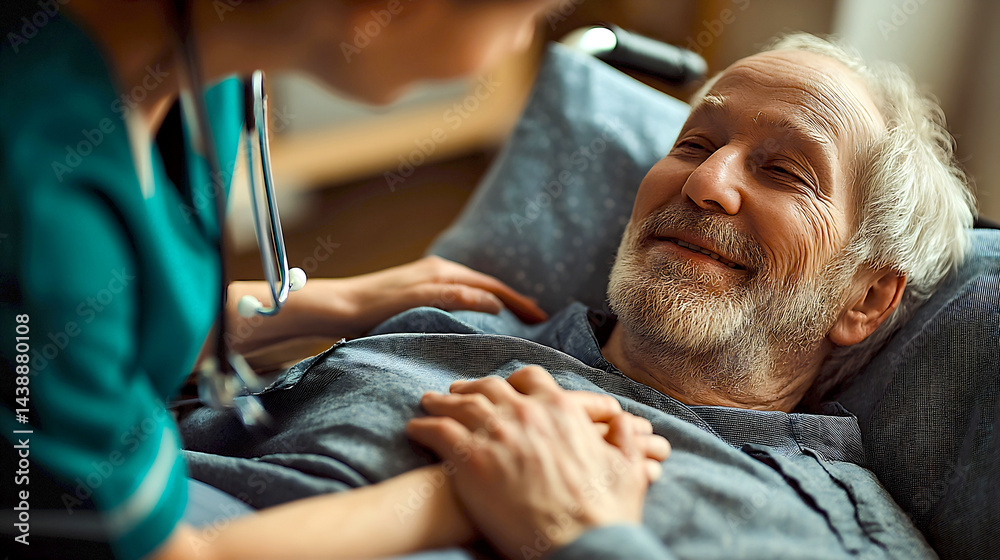 Fototapeta premium Healthcare professional comforting elderly patient with warm smile in cozy medical environment : Generative AI