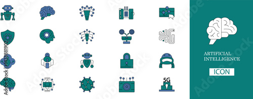 A vibrant collection of flat-style vector illustrations representing various artificial intelligence concepts. Icons include elements like neural networks, machine learning, robotics, natural language