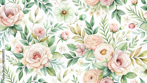 Elegant Watercolor Floral Pattern Featuring Delicate Roses and Lush Greenery, Ideal for Textile Design and Wedding Invitations
