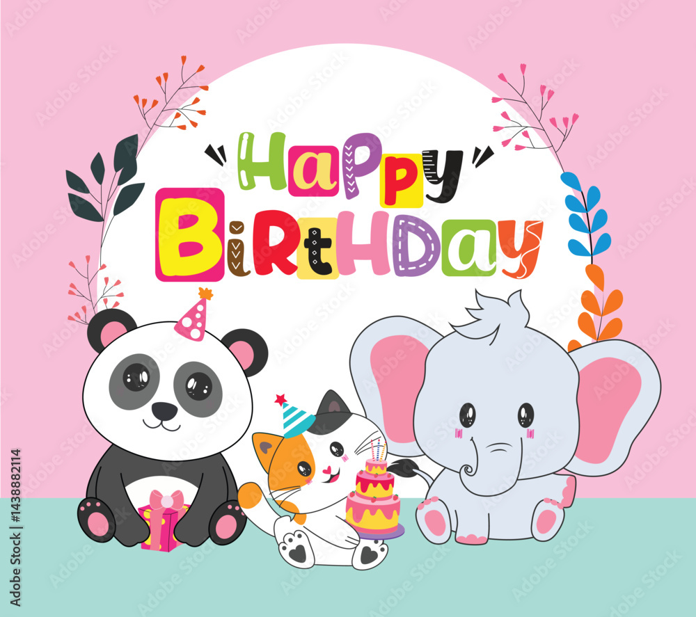 Happy birthday greeting clipart design. Colorful birthday text clip art in white circle with panda bear, cat and elephant animal characters in colorful flowers pink background vector illustration.