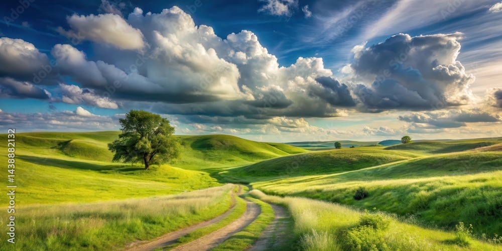 Fototapeta premium Serene Countryside Vista Rolling Green Hills, a Solitary Tree, and a Winding Dirt Road Under a Dramatic Sky