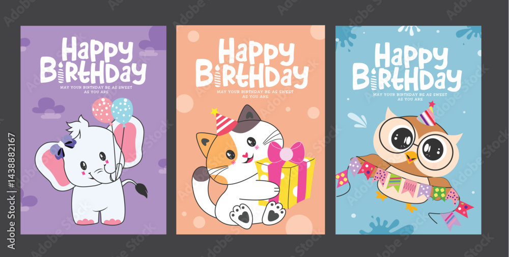 Happy birthday greeting clipart poster set design. Bday greeting text with elephant, cat and owl animal character clip art collection holding balloons, gift box and pennants in colorful abstract