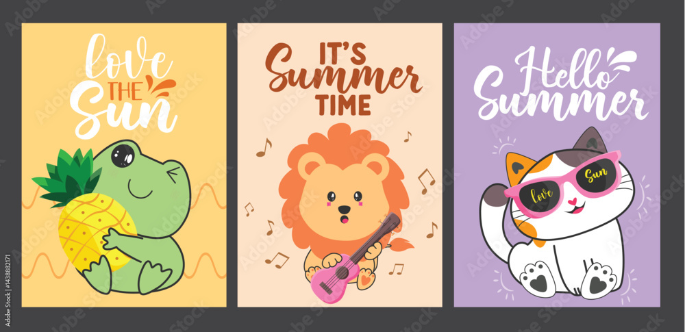 Summer greeting clipart poster set design. Summer time text with turtle, lion and cat cartoon character clip art collection for tropical holiday in colorful background vector illustration.