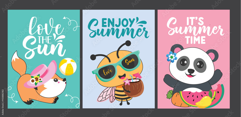 Summer time greeting clipart poster set design. Summer text with animal character clip art like fox, bee and panda bear in colorful background tropical vacation elements collection vector illustration