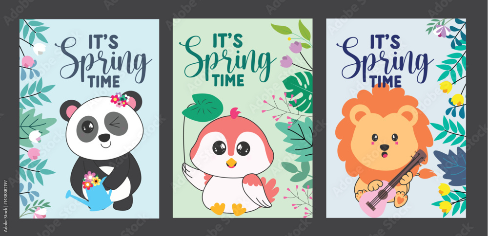Spring time greeting clipart poster set design. Springtime greeting card layout clip art with panda, bird and lion animal character in colorful flower and leaves background elements collection vector