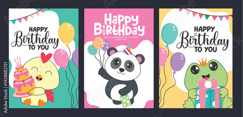 Birthday greeting clipart poster set design. Happy birthday text with duck, panda bear, turtle animals clip art collection holding balloons, cake and gift elements in colorful abstract background 