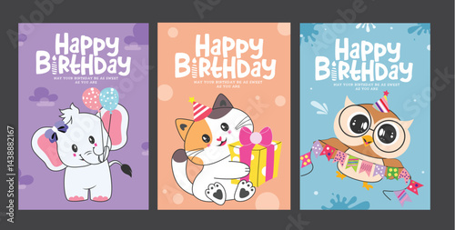 Obraz na płótnie Happy birthday greeting clipart poster set design. Bday greeting text with elephant, cat and owl animal character clip art collection holding balloons, gift box and pennants in colorful abstract w salonie