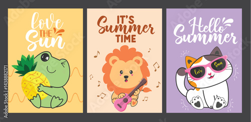 Summer greeting clipart poster set design. Summer time text with turtle, lion and cat cartoon character clip art collection for tropical holiday in colorful background vector illustration.
