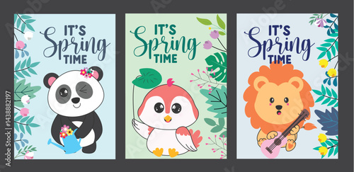 Spring time greeting clipart poster set design. Springtime greeting card layout clip art with panda, bird and lion animal character in colorful flower and leaves background elements collection vector 