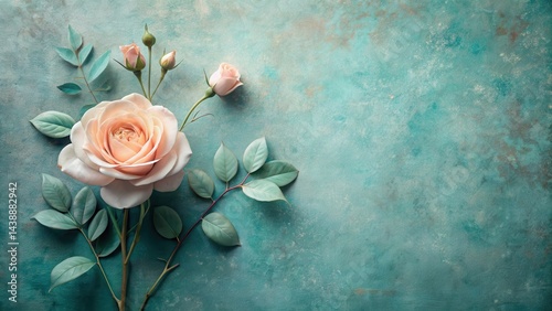 A single pale pink rose with buds and green leaves arranged artfully on a textured teal background, a serene botanical composition perfect for elegant design projects.