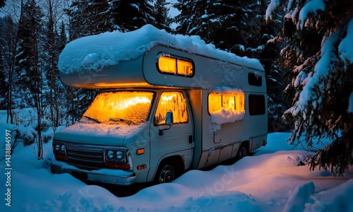 Winter adventure: cozy campervan illuminated in snowy forest twilight