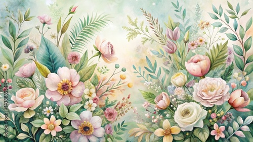 A Serene Watercolor Bouquet of Pastel-Hued Blossoms and Lush Greenery, Evoking a Sense of Tranquility and Natural Beauty