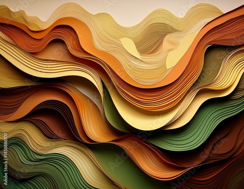 Layered torn paper shapes in ochre, rust, and olive forming a wave