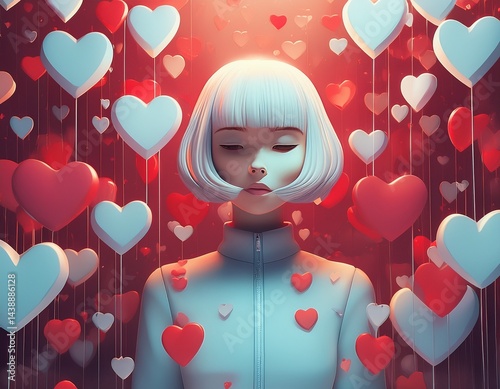 Lonely character surrounded by floating hearts