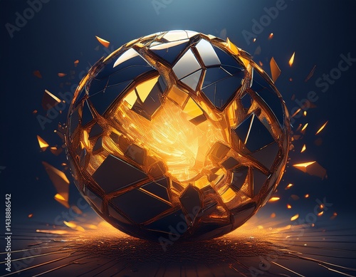 Shattered sphere with glowing amber core on deep navy