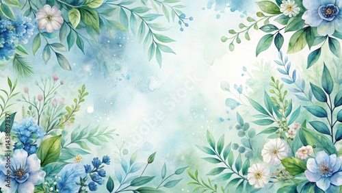 Serene Aqua Floral Border A Delicate Watercolor Design Featuring Lush Greenery and Soft Blue and White Blossoms, Ideal for Invitations, Announcements, or Elegant Backgrounds