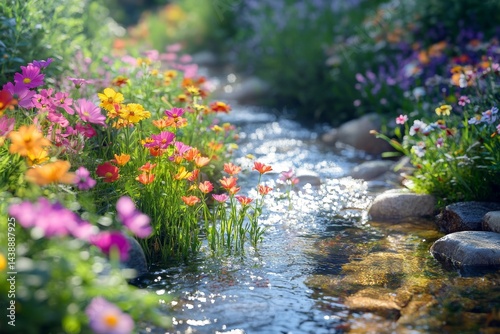 A vibrant flower garden with a flowing stream
