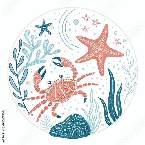 Whimsical illustration of a crab, starfish, and seaweed in a circular frame. Ideal for children's books, educational materials, or ocean-themed designs.