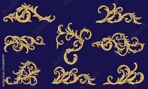 Set golden baroque border frame ornament. Luxury art deco floral element, Flourish filigree ornamental vector illustration.