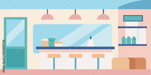 Minimalist Cartoon Cafe Interior in Soft Pastel Colors Vector Illustration