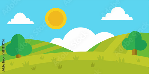Gentle Meadow Cartoon Field During Sunny Noon Vector Illustration