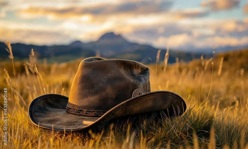 Rustic cowboy hat resting on prairie at sunset with mountains in background