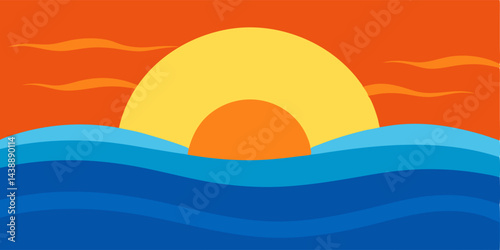 Cartoon Sunset Over Smooth Ocean Waves Vector Illustration