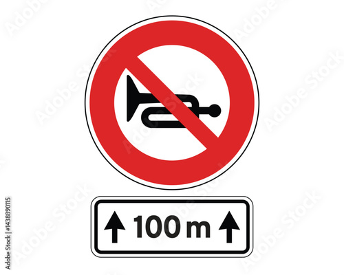 No Honking Sign with Distance Specification, Advance Traffic Regulation Notice – High Quality Stock Image