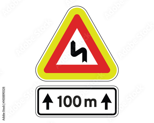 Winding Road with Distance Warning, Advance Traffic Hazard Alert – High Quality Stock Image
