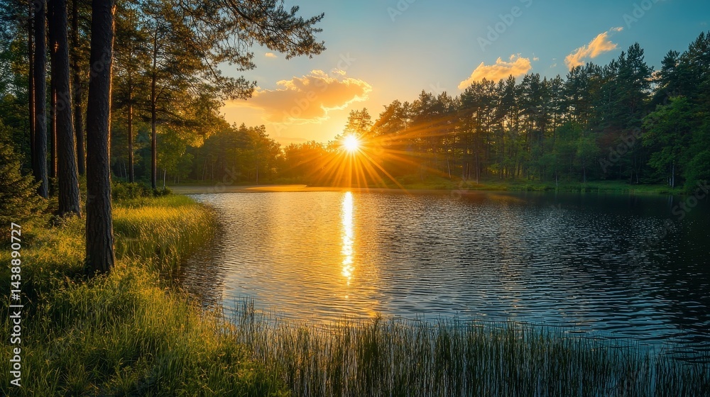 Obraz premium Golden sunset through pine trees over sparkling blue lake, sunlight reflecting on water ripples with lush green shores in tranquil woodland