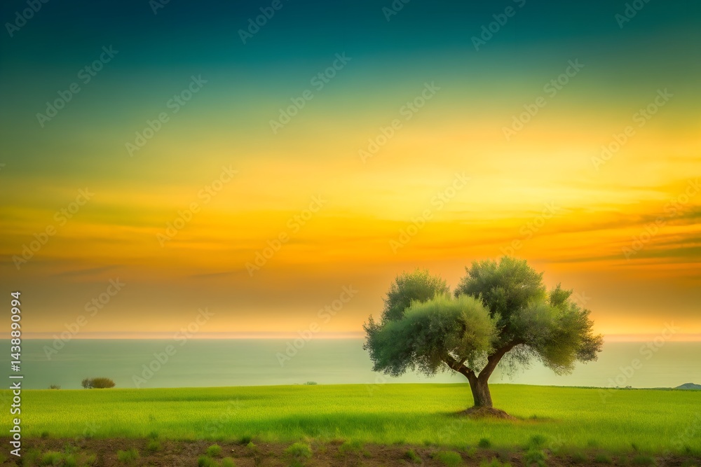 Single tree in green field at sunset scenic landscape with warm golden sky Single tree in green field at sunset scenic landscape with warm golden sky
