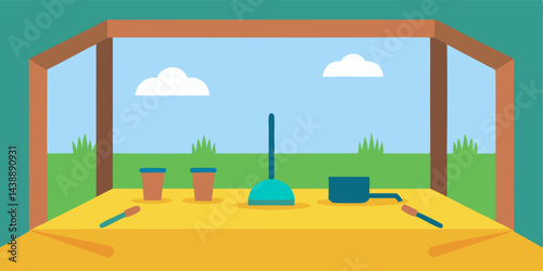Cartoon Empty Garden Room with Tools Vector Illustration