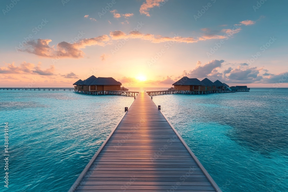 Obraz premium Wooden boardwalk leading to overwater bungalow in tropical paradise, Maldives luxury resort at sunset with blue lagoon and palm trees, aerial view of isolated beach vacation destination.