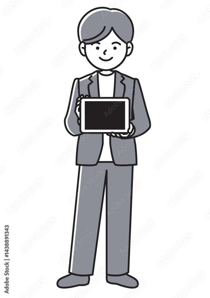 タブレット端末を持って画面を見せるビジネスマンの正面向きベクターイラスト タブレット端末を持って画面を見せるビジネスマンの正面向きベクターイラスト