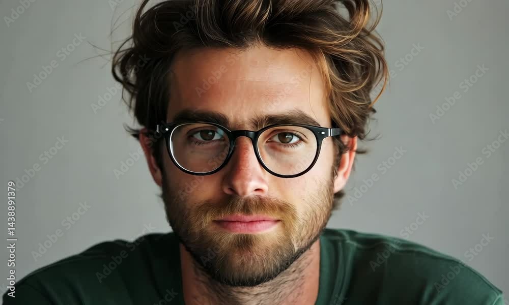 Young man with glasses displaying thoughtful expressions and subtle head movement